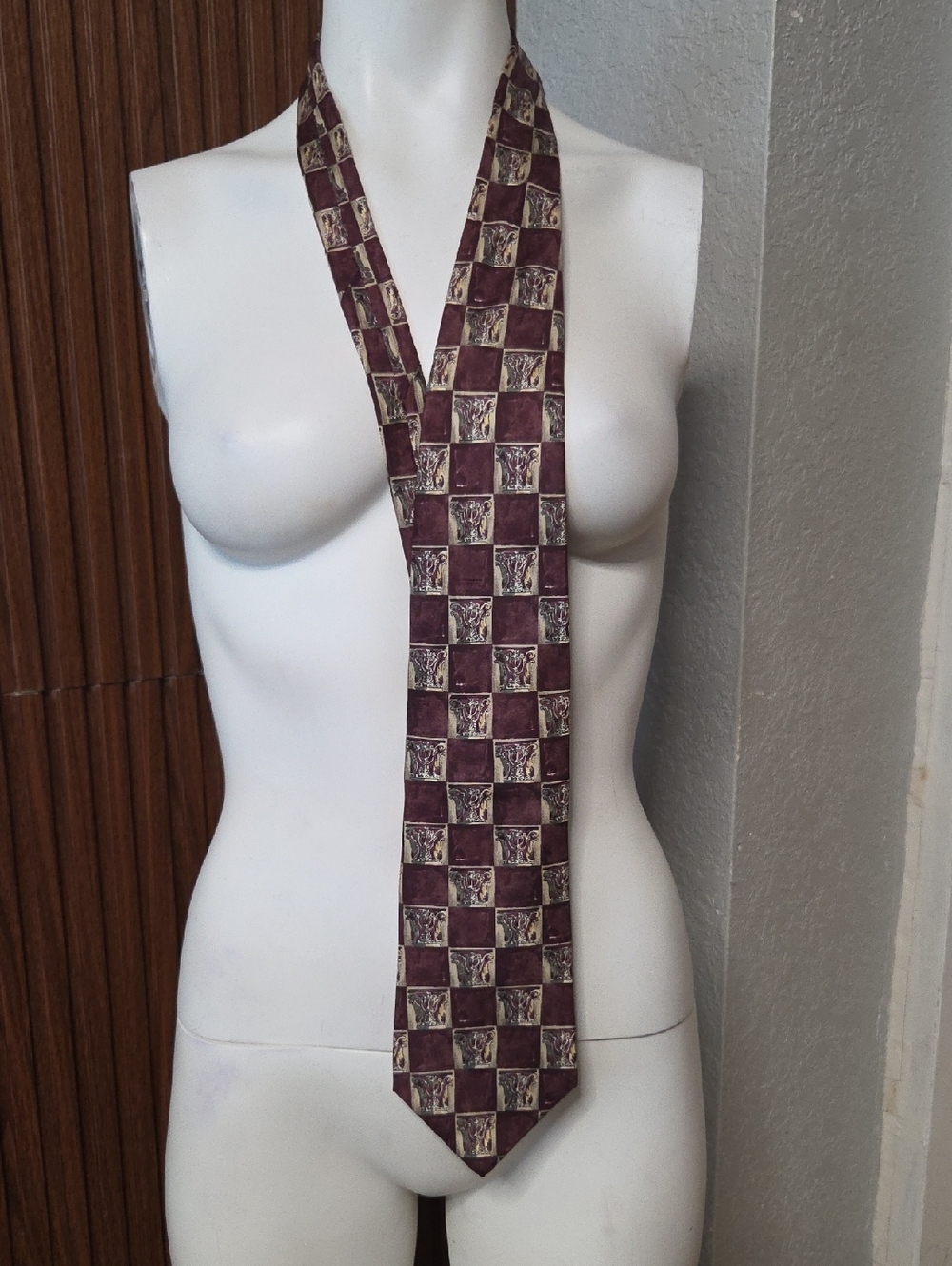 Etienne Aigner Burgundy and Ivory Check Silk Tie
